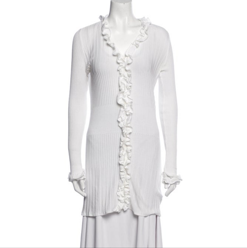 ANNE FONTAINE Mailee ruffle ribbed knit cotton sweater cardigan sz 36 S small